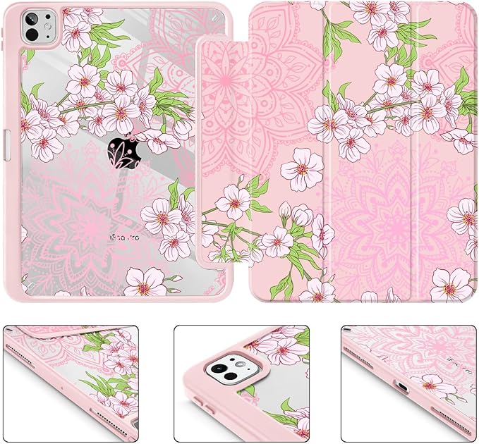 Mektron Case for M5/ M4 iPad Pro 11 inch 2025/2024 with Pencil Holder Compatible Models: A3357/A3358/A3359/A2836/A2837/A3006 Shockproof Cover Clear Shell Blossom Sakura-Pink