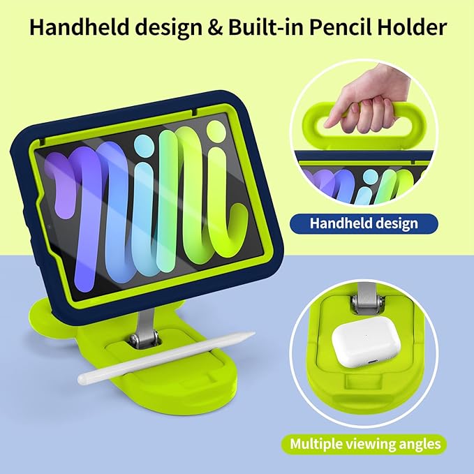 Kids Case for iPad mini 7 (A17 Pro) 2024 /iPad Mini6 2021Adjustable Portrait/Landscape Stand//Drop Proof with Handle/KickstandChild Friendly Case for iPad mini 7th/6th Gen 8.3inch (Bluegreen)