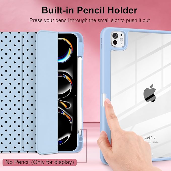 Case for iPad Pro 11 Inch (M5 2025 M4 2024) – [Built-in Pencil Holder] Shockproof &amp Stylish Clear Hard Back + Soft TPU Edge Magnetic Trifold Stand Auto Wake/Sleep Blue Polka dot