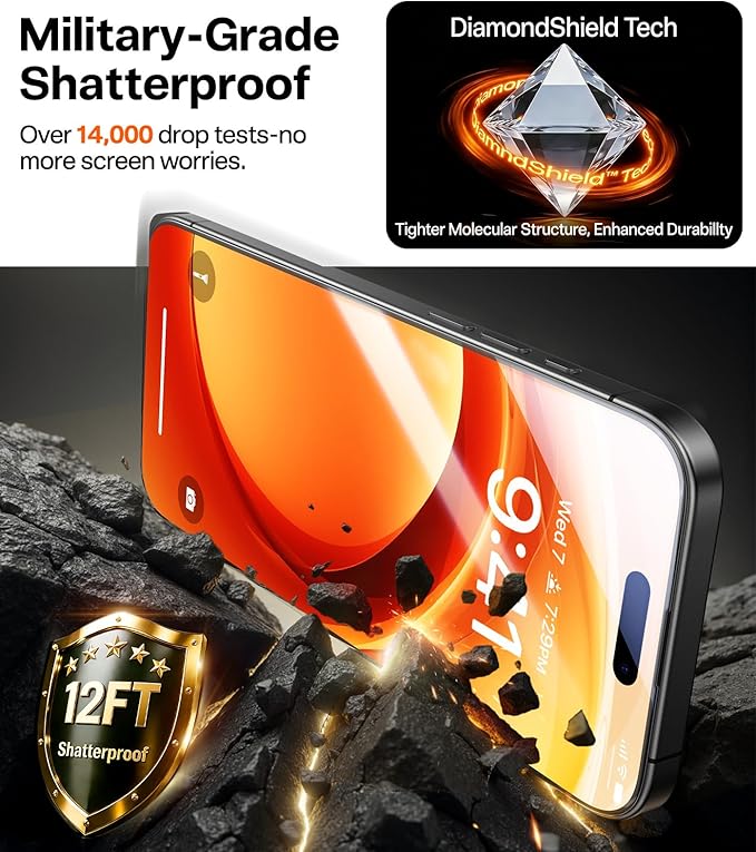 TORRAS Unbreakable for iPhone 17 Pro Screen Protector 9H+ Military-Grade12 FT Shatterproof Aerospace Tempered Glass 2 Pack - Full Coverage Anti-Scratch Bubble-Free Easy Installation6.3 inch
