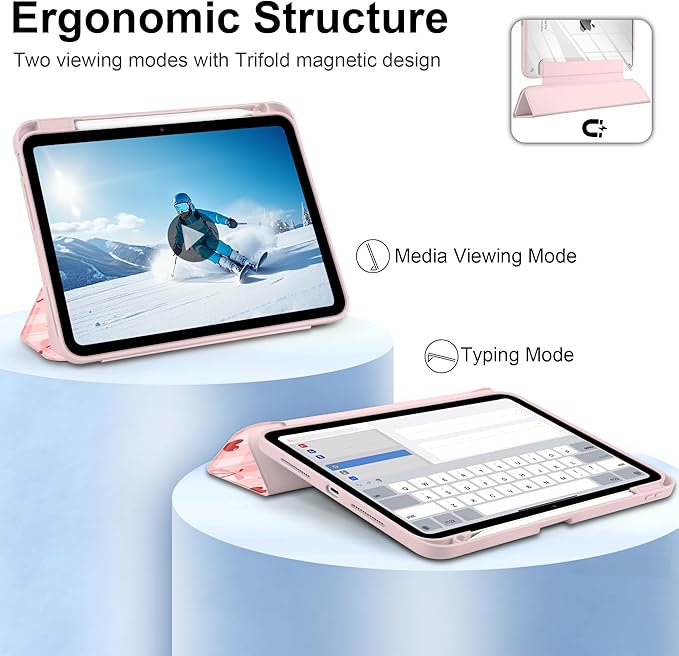 MecBevia Case for iPad Pro 11 inch M5 2025 / M4 2024 (6th/5th Gen) A3357 A3358 A3359 A2836 A2837 A3006 – Built-in Pencil Holder &amp Auto Wake/Sleep Pink Cherry Check