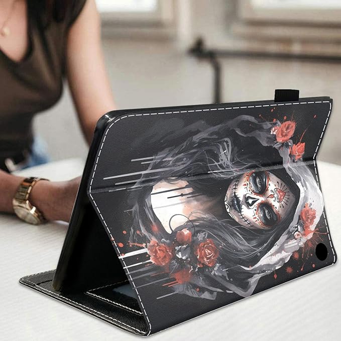 Case for Amazon Kindle Fire HD 8/HD 8 Plus Tablet (12th/10th Generation 2024/2022/2020 Release) Slim Stand Folio Cover with Card Slot &amp Auto Wake/Sleep - Watercolor Sugar Skull Girl Flower