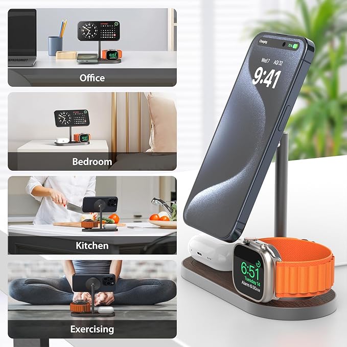 KU XIU X23 PRO Magnetic Wireless Charging Stand 3-in-1 Charging Station for iPhone 17/16/15/14/13/12 &amp iPhone Air 5W for Apple Watch S11–4/SE/Ultra 3/2/1 AirPods 4/3/2/Pro – Wood Grain