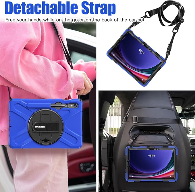 BRAECNstock for Samsung Galaxy Tab S10 Lite/ S10 FE/ S9 FE/ S9/ S8/ S7 5G Case 10.9/ 11 Shockproof Protective Kids Case with Pencil Holder Rotating Hand Strap &amp Stand Shoulder Strap Blue