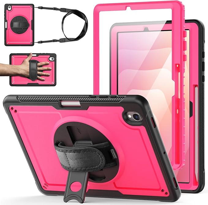 Case for Samsung Galaxy Tab S10 Lite / S10 FE / S9 FE 5G / S9 Tablet Case 10.9''/ 11'' with Screen Protector Pen Holder 360°Rotate Hand Strap/Stand Shoulder Strap Rose Red