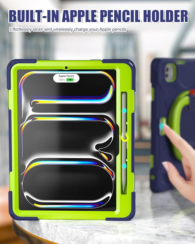 BRAECN for iPad Pro 11 Inch Case (M5/M4) 2025/2024 Shockproof Silicone Cover with Built-in Screen Protector Multiple Adjustable Viewing Angles Shoulder Strap Handle Grip Pencil Holder Navy Green