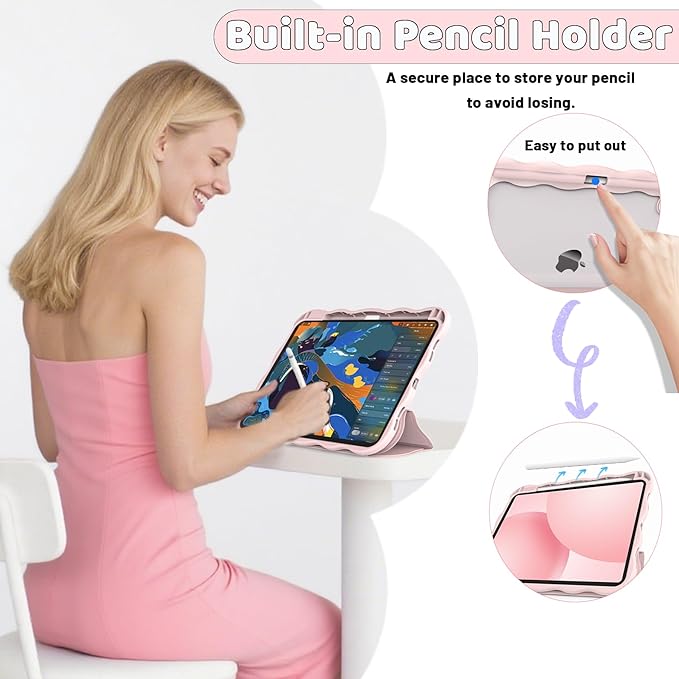 Compatible with iPad (A16) 11th Generation Case 11 Inch 2025 iPad 10th Generation Case 10.9 Inch 2022 with Pencil Holder Wave-Edge Slim Trifold Stand Protective Cover Auto Wake/Sleep Pink