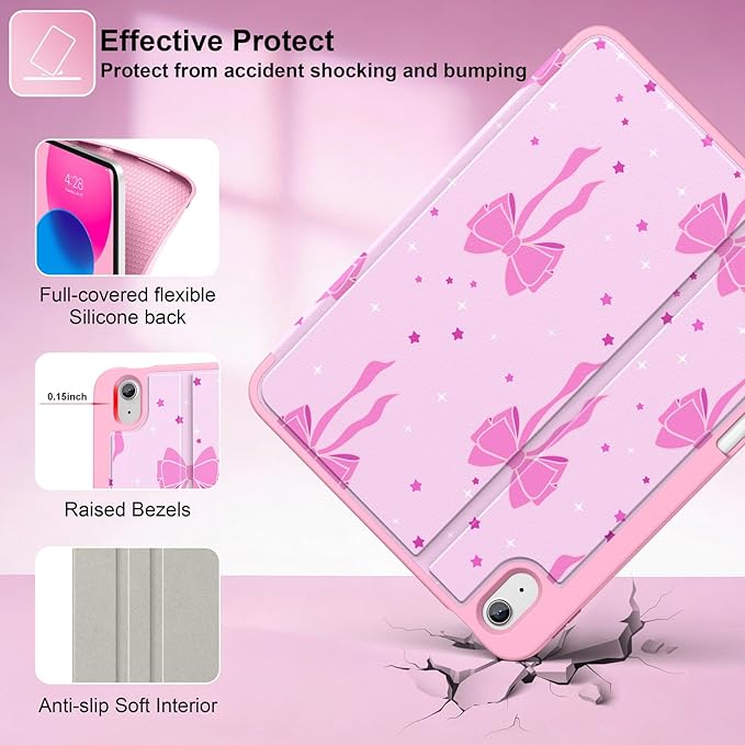 Supveco Case for iPad (A16) 11th Generation 11 inch (2025)iPad 10th Generation 10.9 inch (2022) with Pencil HolderPremium Folio Stand Case with Soft TPU Back CoverAuto Wake/Sleep-Pink Bows