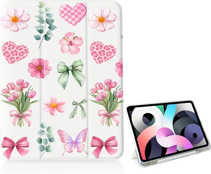 Leopard Bow Floral Case for iPad Pro 11 Inch (2022/2021/2020/2018) 4th/3rd/2nd/1st Gen[Pencil Holder+Auto Sleep/Wake]Slim Trifold Stand Protective Cover with Soft TPU BackWhite