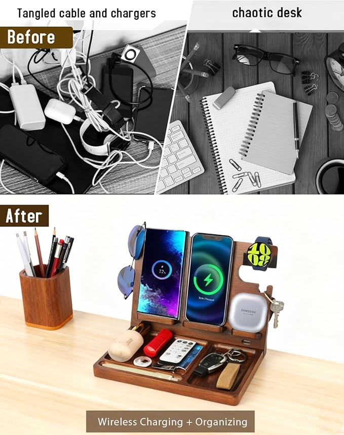 Wireless Charging Station for Samsung 2 Phones Galaxy Watch 7/6/5/4/3/2 Galaxy Buds Wood Phone Docking Station for men Android Charging Station Nightstand Organizer Phone Holder for Desk Gifts for Men