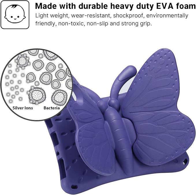Fire 7 Kids Tablet 2022 Case - Butterfly Design EVA Full Cover Sturdy &amp Shockproof Kickstand &amp Handle Purple