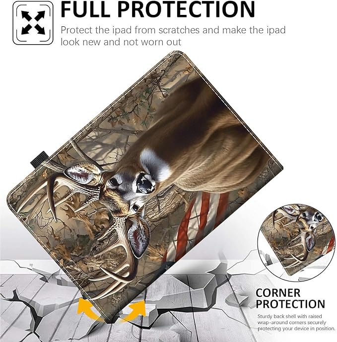 Case for Amazon Fire HD 10 Tablet (9th/7th/5th Generation2019/2017/2015 Release) Multi-Angle Smart Stand Cover Auto Sleep/Wake for Fire 10.1 InchCamouflage Deer American Flag