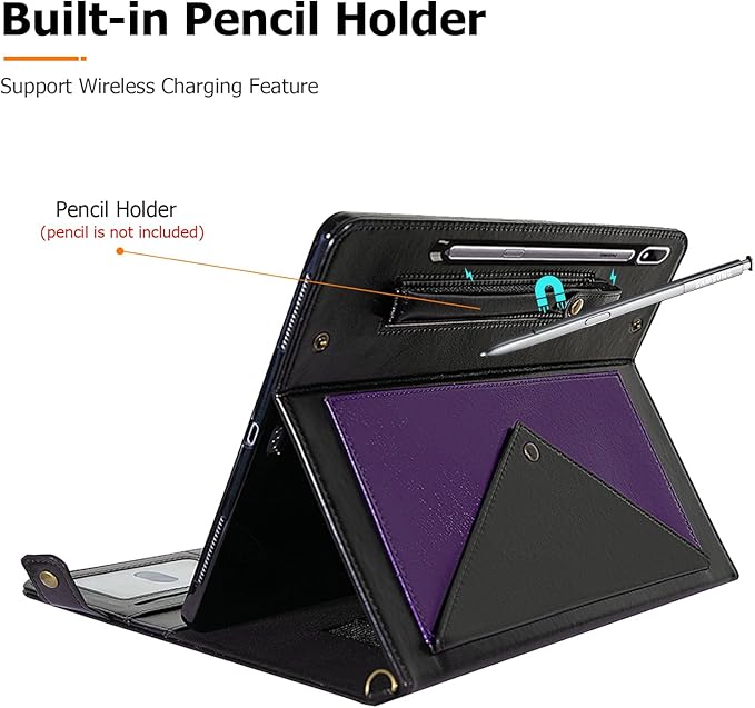 Dteck Case for Galaxy Tab S10 Plus/S9 FE Plus/S9+/S8+/S7 FE/S7+ 12.4Business PU Leather Fold Stand Protective Cover with S Pen Holder Shoulder Hand Strap Card Slots Bag Wallet CoverPurple/Black