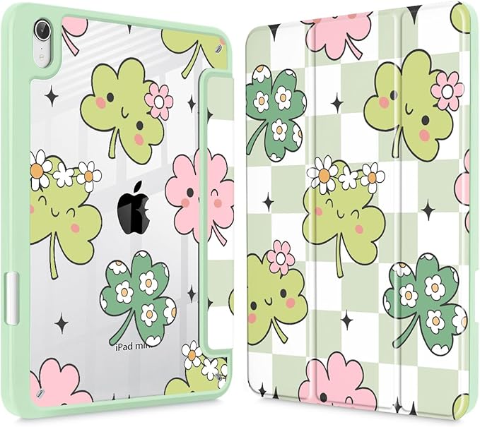 Mektron Printed Case for iPad mini 7 (A17 Pro) 2024/ Mini 6 2021 iPad mini 7th/6th Generation 8.3-inch Liquid Retina Display Cover Buit in Pencil Holder with Clear Back Shell Lucky Clovers