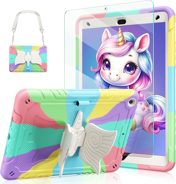 Ambison Case for iPad 9th/8th/7th Generation 10.2'' with Tempered Glass Screen Protector Shockproof Protective Cover Unicorn Stand Shoulder Strap for iPad 2021/2020/2019 Kids Girls - Multipuple