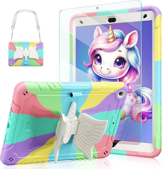 Ambison Case for iPad 9th/8th/7th Generation 10.2'' with Tempered Glass Screen Protector Shockproof Protective Cover Unicorn Stand Shoulder Strap for iPad 2021/2020/2019 Kids Girls - Multipuple