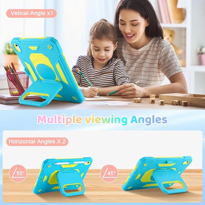 Case for iPad (A16) 2025 11th Gen 10.9'' iPad 10th Generation 2022 10.9'' with Tempered Glass Screen Protector Rugged Kid Case with Shoulder Strap/Pencil Holder/Folding Stand (Blue+Yellow)