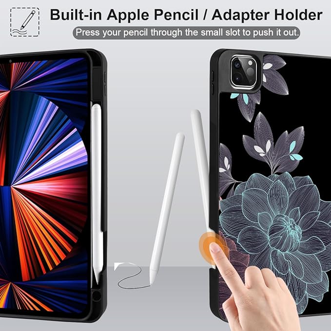 DONGKE Case for iPad Pro 12.9 inch 6th Generation 2022 Built-in Pencil Holder + Trifold Stand + Auto Wake/Sleep + Protective Cover for iPad Pro 12.9 5th/4th/3rd Gen - Elegant Flowers