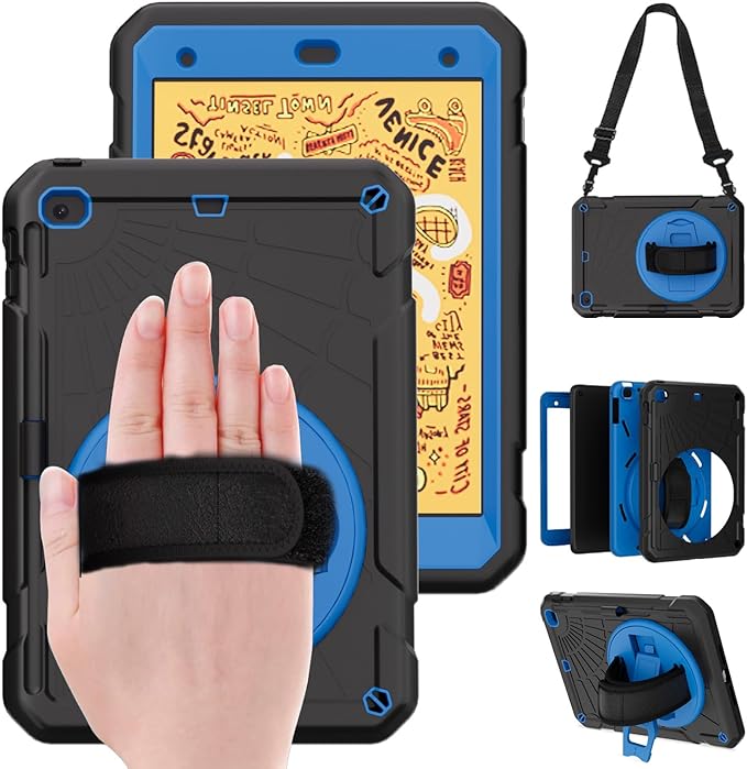 Case for iPad mini 5/4 with Screen Protector Pencil Holder [360 Rotating Hand Strap] &amp Stand Drop-Proof Case for iPad mini 5th/4th Generation 7.9 inch(Black+Sky Blue)