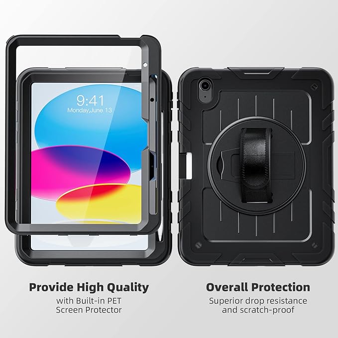 Case for iPad 10th Generation 10.9inch 2022with Built-in Screen Protector and KickstandHand StrapShoulder Strap for New Apple iPad 10.9 Inch - Black