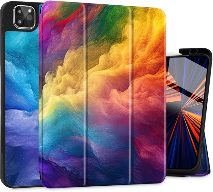 Mektron for iPad Pro M2 11-inch 4th/ 3rd/ 2nd/ 1st Gen Case 2022 2021 2020 2018 with Pencil Holder Tablet Cover with Soft TPU Back Cover for 11 inch iPad Pro Rainbow Cosmic