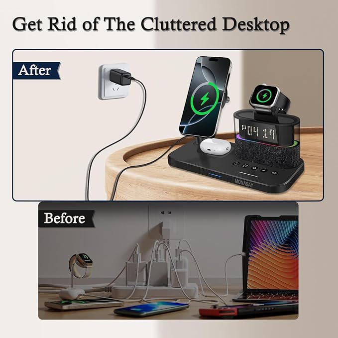 MONASAY Qi2 5 in 1 Wireless Charging Station 23W Wireless Charger with Alarm Clock for Multiple Devices Magnetic Charger Stand for iPhone 17/16/15/14/13 Series and AirPods Apple Watch Series Black