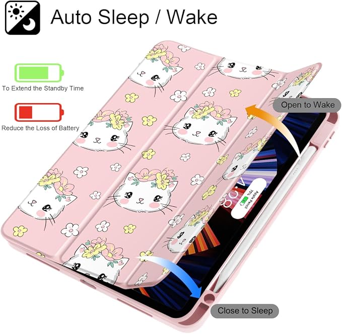 May Chen Case for iPad Pro 11-Inch M5/M4 2025/2024 (6th/5th Generation) [Penceil Holder] Trifold Stand Auto Wake/Sleep Clear TPU Protection Back Cover Cat &amp Flowers