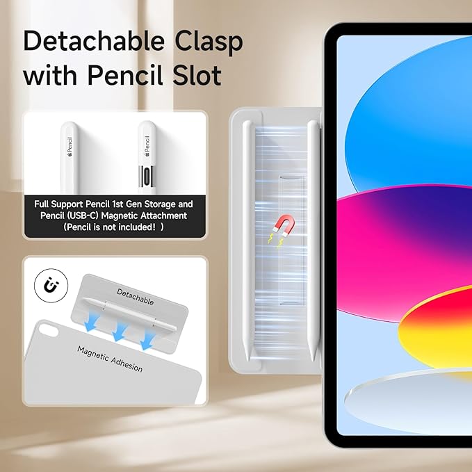 kenke Magnetic Case for iPad 11 Inch A16 2025/10th Generation 10.9 Inch 2022 with Detachable Clasp Slim Strong Magnetic Multi-fold Stand Cover with Pencil Holder Auto Wake/Sleep Light Gray