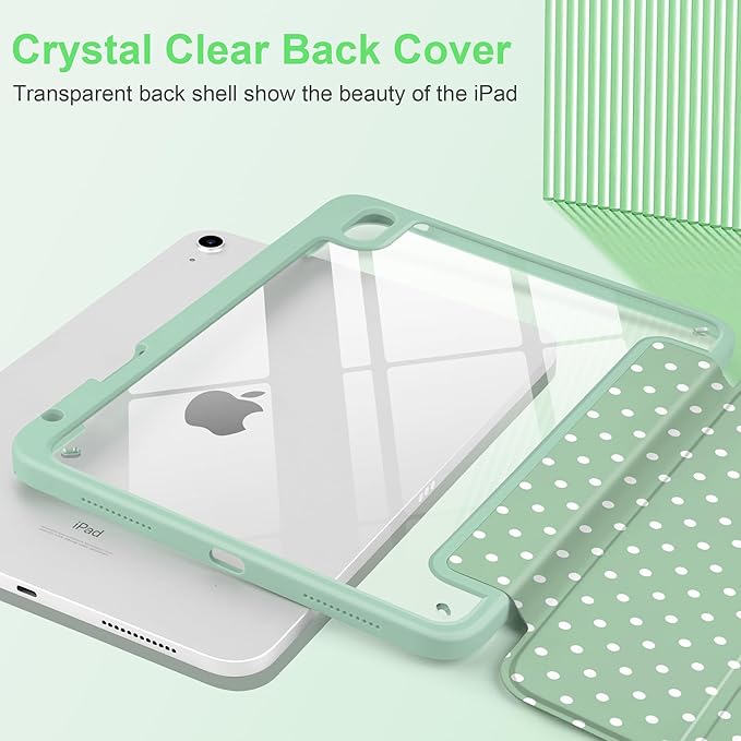 Case for iPad A16 11th Generation 11 inch 2025 iPad 10th Generation 10.9 inch 2022 -[Built-in Pencil Holder] Shockproof Clear Hard Back Trifold Stand Auto Wake/Sleep Green White dot