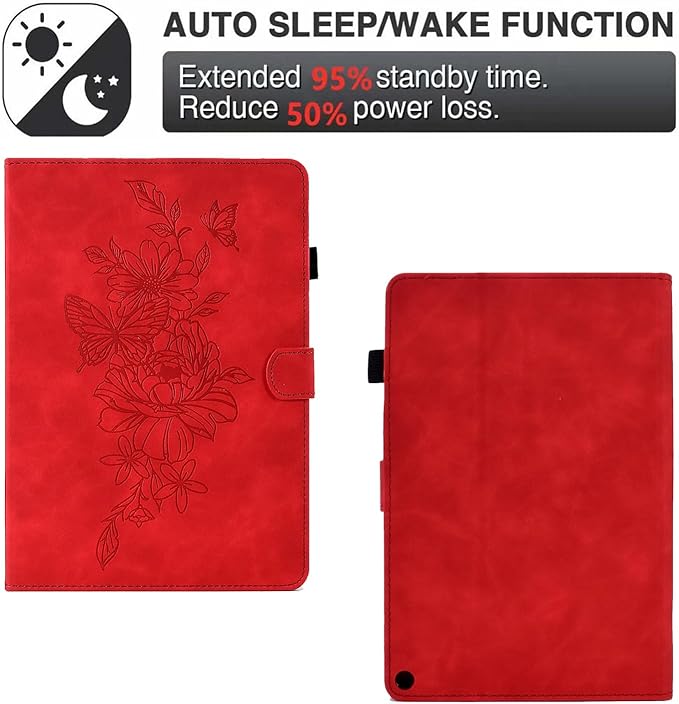 Folio Case for Amazon Kindle Fire HD 8/Fire HD 8 Plus (12th/10th Generation 2024/2022/2020) 8 with Stand/Pencil Holder [Auto Sleep/Wake] Embossed PU Leather Smart Cover Red Butterfly Flower