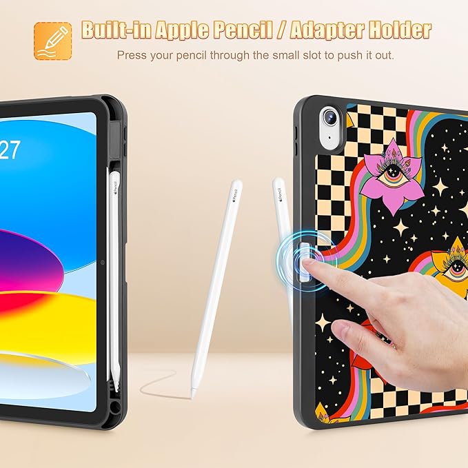Tuiklol Case for iPad 10.2 Inch 2021 2020 2018 Release 9th / 8th / 7th Generation Built-in Pencil Holder TPU Protective Stand Back Cover Trifold Stand-Auto Wake/Sleep Flowers &amp Eyes