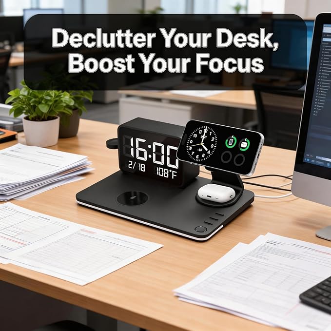 THL MagCharge 7-in-1 Magnetic Wireless Charging Station 25W Rotatable Stand Dimmable Ambient Bluetooth Clock 65W Adapter Included for iPhone 17/16/15 Apple Watch AirPods Bedside Desk Charger