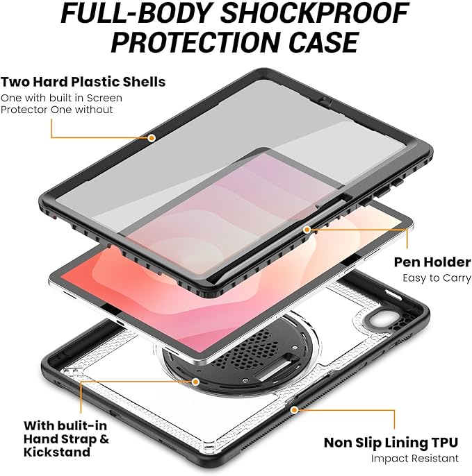 Case for Samsung Galaxy Tab S10 Lite / S10 FE / S9 FE 5G / S9 Tablet Case 10.9''/ 11'' with Screen Protector Pen Holder 360°Rotate Hand Strap/Stand Shoulder Strap Clear