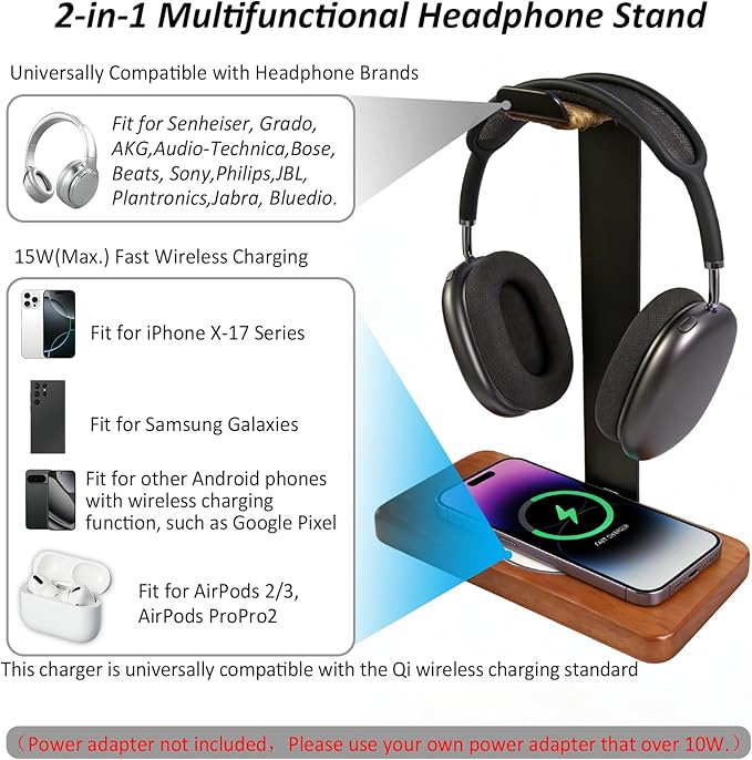 Handmade Wood Headset Stand with Fast Wireless Charging Pad- QI Wireless Charging Dock Compatible with iPhone 17/16/15/14 /Samsung Series2-in-1 Universal Holder for All Table Headphones