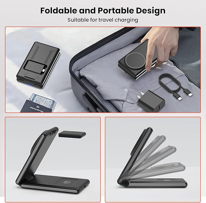 GEEKERA 3 in 1 Magnetic Wireless Charging Station for Fitbit Watch Foldable Wireless Charger Stand for iPhone 16/15/14/13/12 Pro Max Fitbit Watch Versa 4/Versa 3/Sense 2/Sense AirPods 3/2/Pro