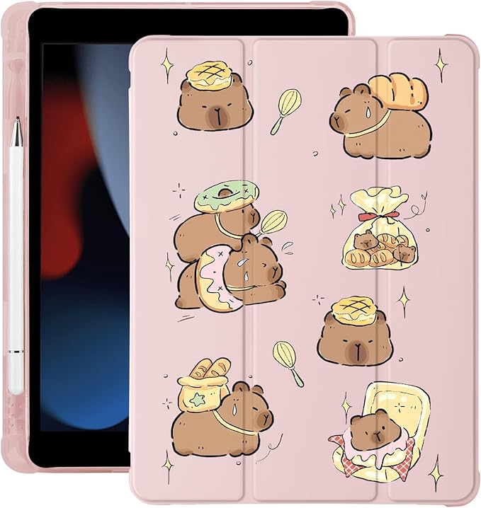 Cute Kawaii Capybara for iPad Pro 11 Inch Case (M5/M4) 2025/2024 with Pencil Holder Auto Sleep/Wake Pink Leather Soft TPU Back Cover