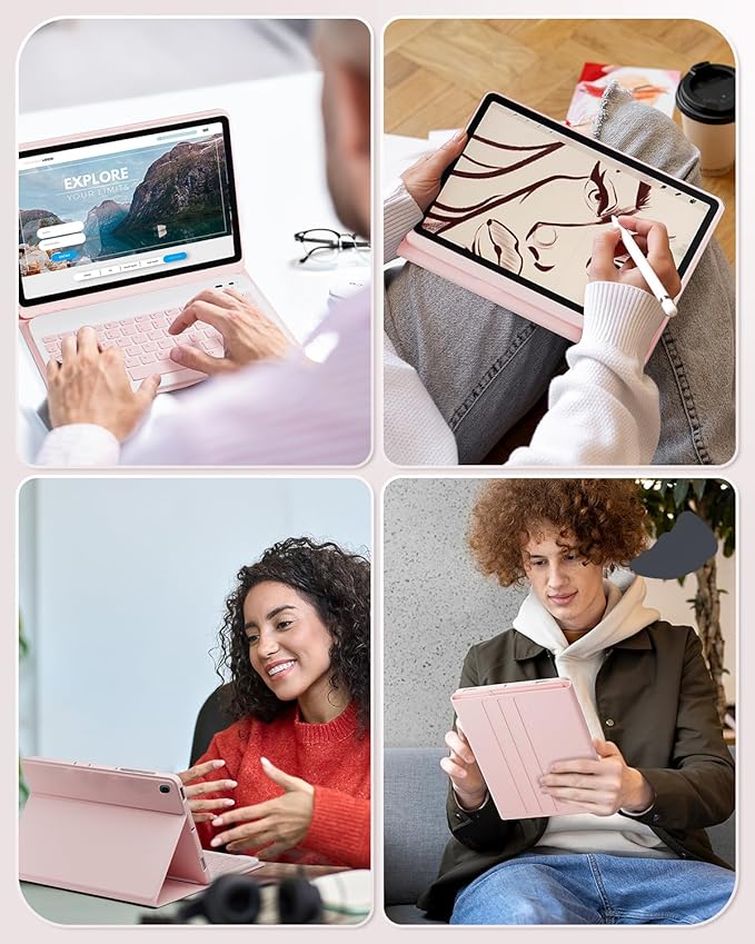 Keyboard Case for 2025 Lenovo Idea Tab Pro 12.7 inch - Stand Folio Detachable Keyboard Cover with Mouse (TB-373FU/TB-375FC) - Pink