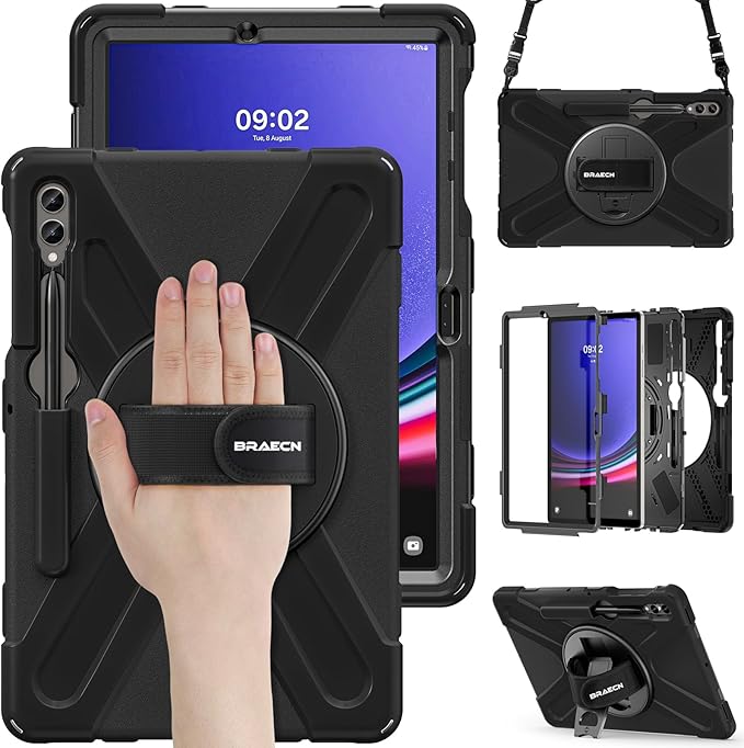 BRAECN for Samsung Galaxy Tab S10 Plus Case 2024/S9 Plus/S9 FE+/S8 Plus/S7 Plus /S7 FE 12.4 InchHeavy Duty Shockproof Case with S Pen Holder&amp360 Rotating Hand Strap/Kickstand Shoulder StrapBlack