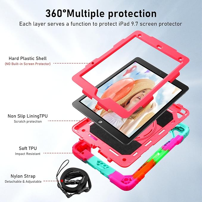 for iPad 6th Generation/iPad 5th Gen/iPad Air 2/iPad Pro 9.7 Case with Cute Key Chain Rugged Protective Case with Rotating Stand &amp Shoulder Hand Strap for iPad 6th/5th/ Air 2 (Rainbow Rose)