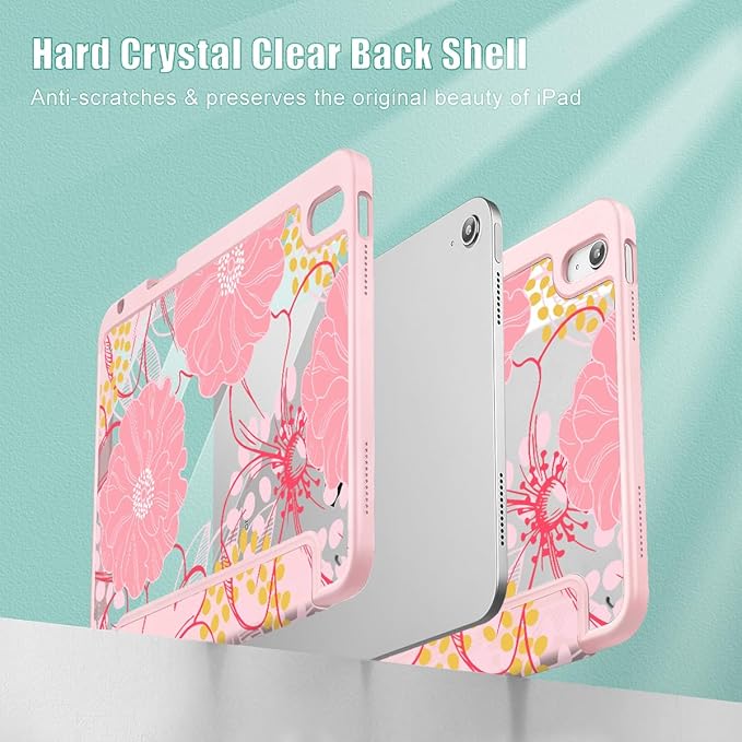May Chen Case for iPad Air 13 Inch M4 2026 M3 2025 M2 2024 [Built-in Pencil Holder] Shockproof Cover with Clear Transparent Back Shell Auto Sleep/Wake Cover Pink Flowers