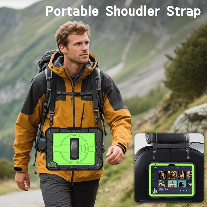 MENZO Case for iPad A16 11th Generation 11 Inch 2025 iPad 10th Gen 2022 10.9 inch 360° Rotating Stand Built-in Pencil Holder Convenient Hand and Shoulder Strap Durable Shockproof Black+Green