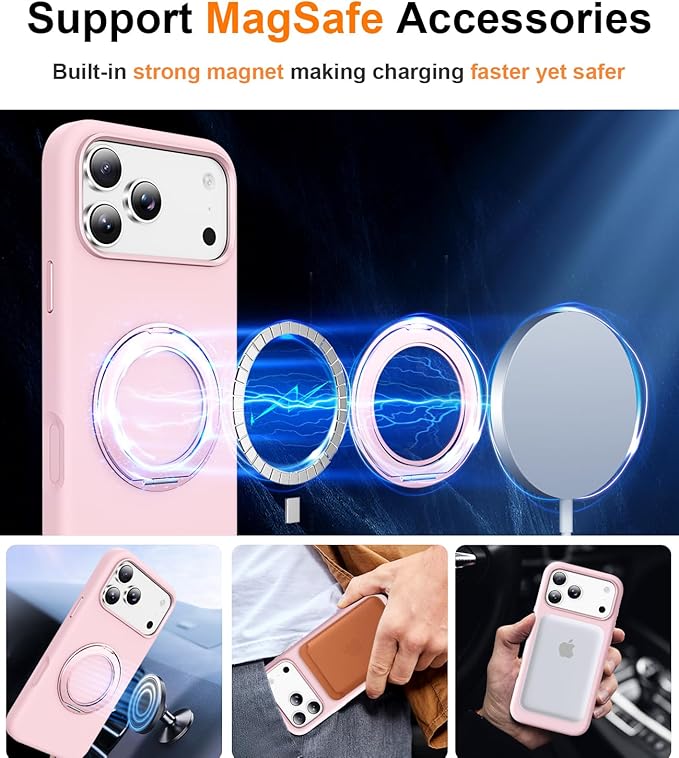 STERKER 360° Rotatable Stand Compatible with iPhone 17 Pro Max Case with Magnetic [Military Grade Drop Tested][Adjustable Kickstand] Ring Holder Silicone Slim Back Soft Edge Pink