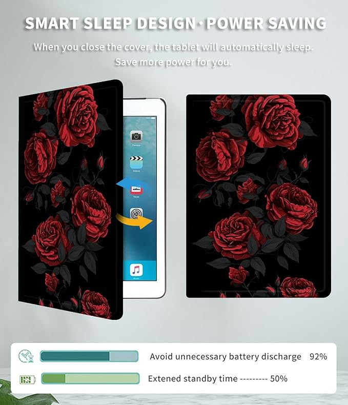 for iPad Pro 13 Inch Case M4 2024 7th Generation for Women Men PU Leather Slim Lightweight Folio Kickstand Multi-Angle Stand Smart Protection Shell Cover with Auto Wake/SleepRed Roses