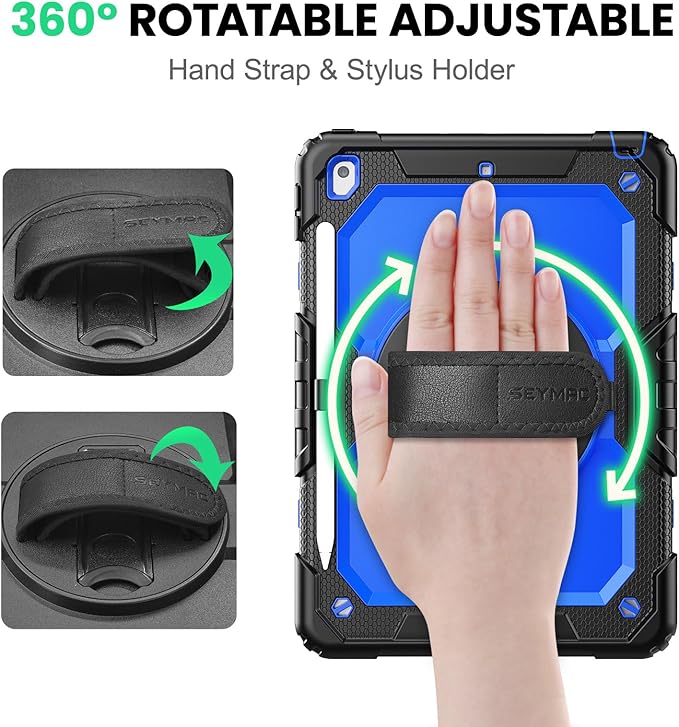 SEYMAC for iPad 9th/8th/7th Generation Case 10.2 2021-2019 Full-Body Shockproof Heavy Duty Protective Case with Screen Protector Rotating Stand/Handle/Shoulder Strap for iPad 10.2 Black/Blue