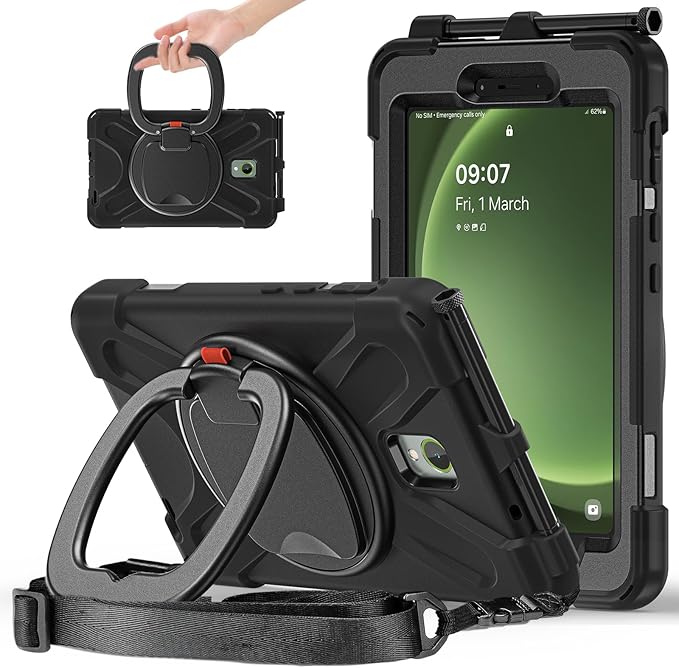 Rugged Case for Samsung Galaxy Tab Active5 5G (SM-X306B/X300) w/ 360° Rotating Hanging Ring Handle Grip Kickstand Heavy Duty Shock-Proof Armor Cover w/Shoulder Strap Stylus Holder (Black)