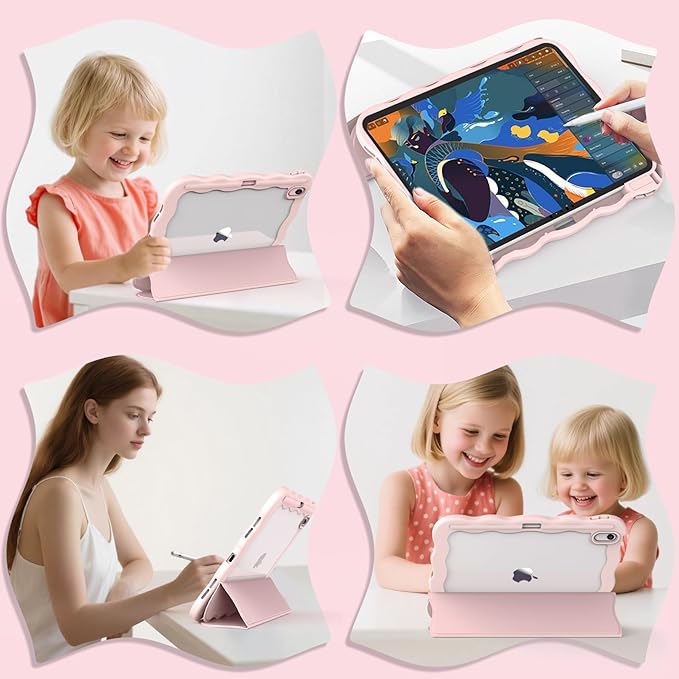Compatible with iPad (A16) 11th Generation Case 11 Inch 2025 iPad 10th Generation Case 10.9 Inch 2022 with Pencil Holder Wave-Edge Slim Trifold Stand Protective Cover Auto Wake/Sleep Pink