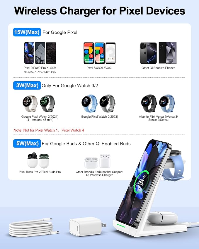 NANAMI Wireless Charger for Google - 3 in 1 Wireless Charging Station Fast Charger Stand Dock for Pixel 9/9 Pro XL/Fold/8/7Buds Pro 2/Pro Watch 3/2Fitbit Versa 4/Sense 2(Not for Pixel Watch 1/4)