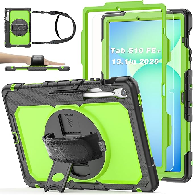Case for Samsung Galaxy Tab S10 FE Plus 5G Tablet 13.1'' Shockproof Protective Cover with Tempered Glass Screen Protector Rotatable Kickstand S Pen Holder Hand/Shoulder Strap Green
