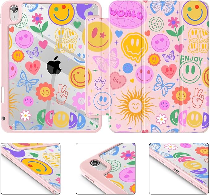 May Chen for iPad (A16) 11th Generation Case 11 Inch 2025 iPad 10th Gen Case 2022 10.9 inch Built-in Pencil Holder with Shockproof Cover Clear Back Shell Auto Wake/Sleep Smile Pattern