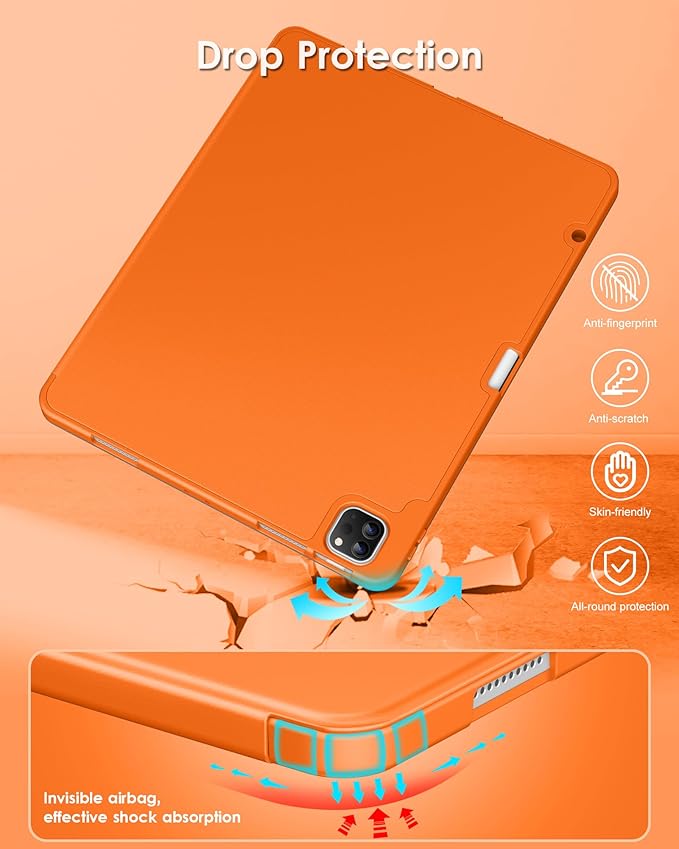 DTTO for iPad Air 13 Inch Case M4/M3/M2 2026/2025/2024 iPad Pro 12.9 Inch Case (6th/5th/4th/3rd Gen) Smart Slim Trifold Stand Soft Cover with Pencil Holder Orange